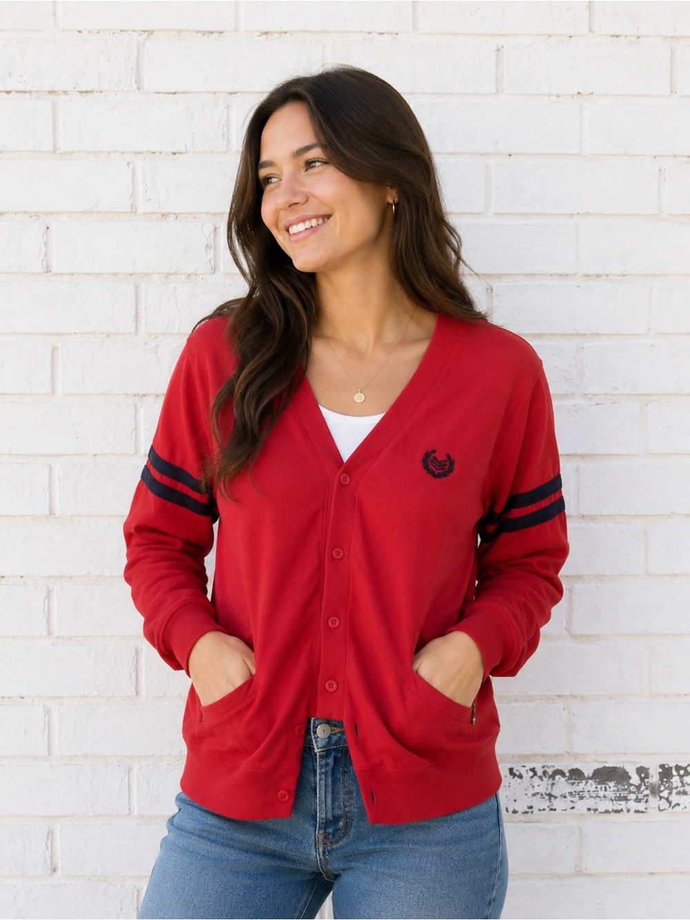 Vintage NYC Red Cardigan with Navy Trim